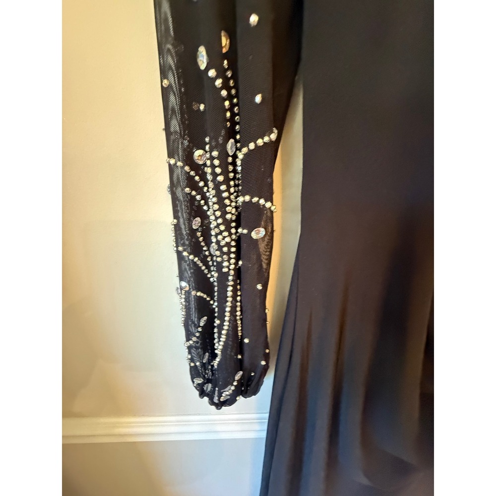 Marina Black Embellished Sheer Sleeve V-Neck Gown Slit Formal Dress Size S - Picture 9 of 10